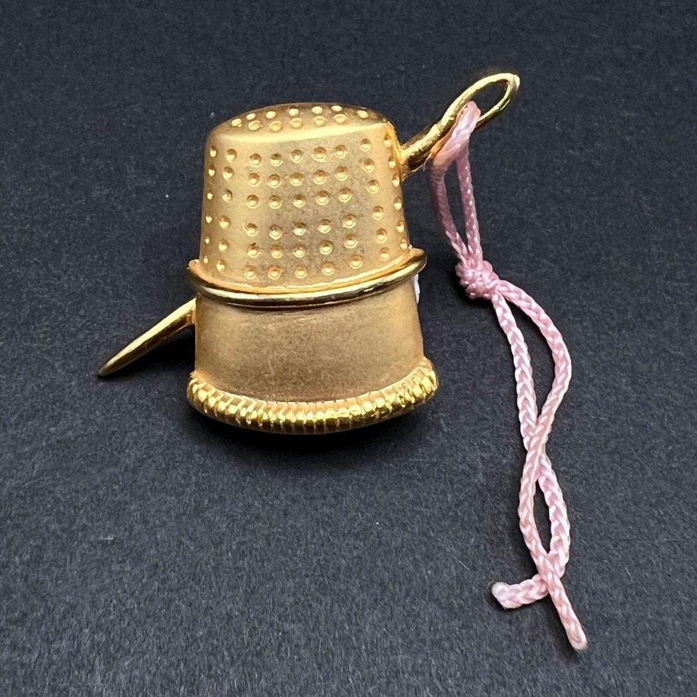 Vintage Sewing Brooch Gold Tone Thimble Needle Thread Craft Pin Signed JJ